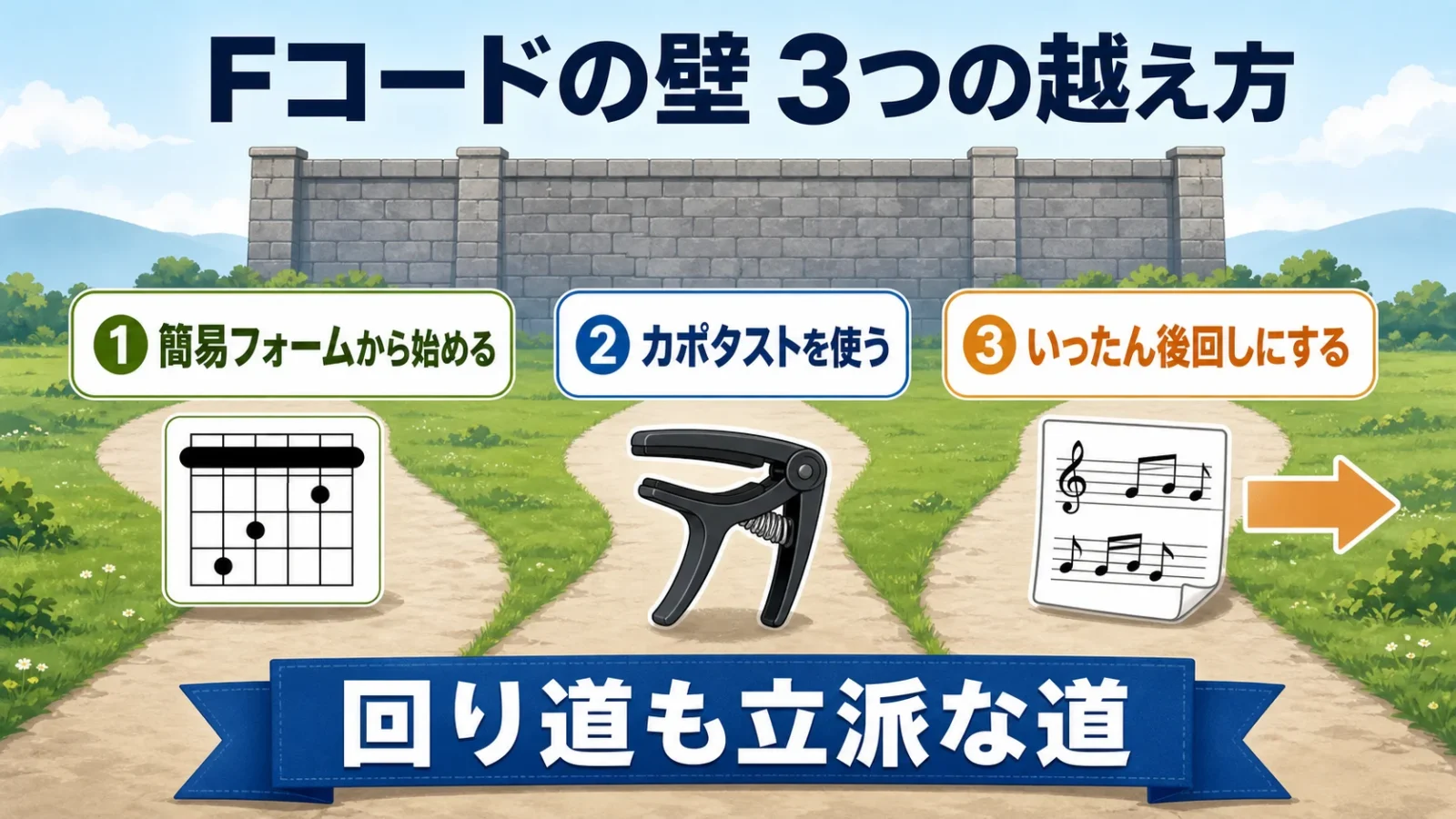 Fコードの壁を越える3つの道(簡易フォーム・カポタスト・後回し)を示した分かれ道の図。