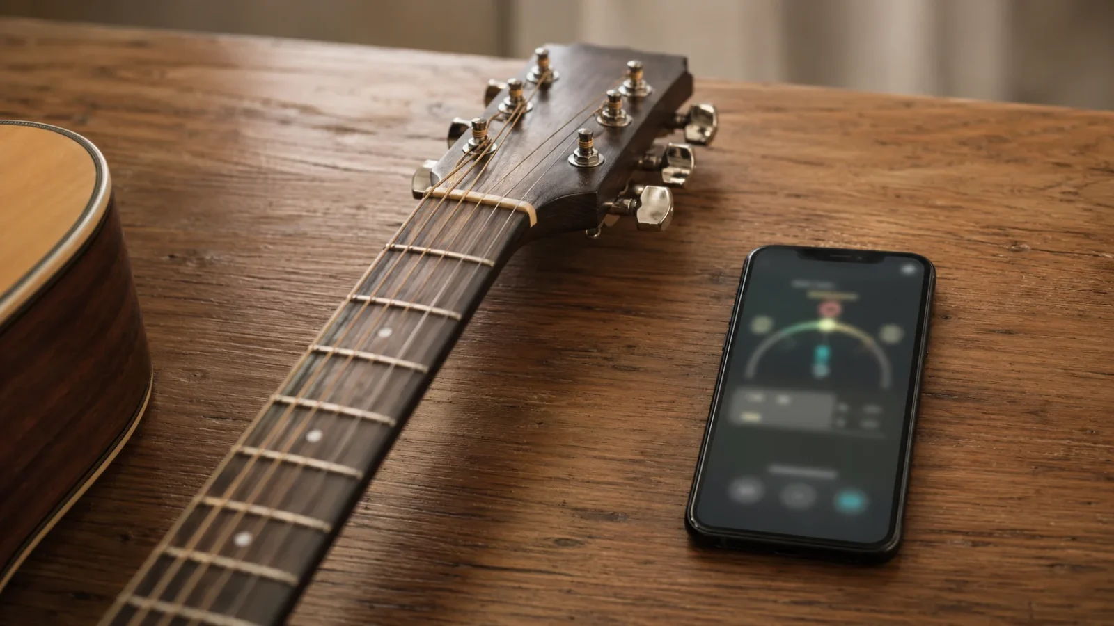 チューナーアプリおすすめ - アコースティックギターのネックとスマートフォンのチューナー画面風の表示が並ぶ手元。柔らかい光。顔・判読可能な文字・ロゴなし。