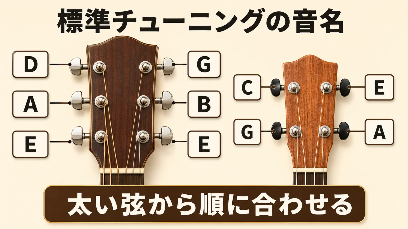 ギター6弦（E・A・D・G・B・E）とウクレレ4弦（G・C・E・A）の標準チューニングを示した音名図。