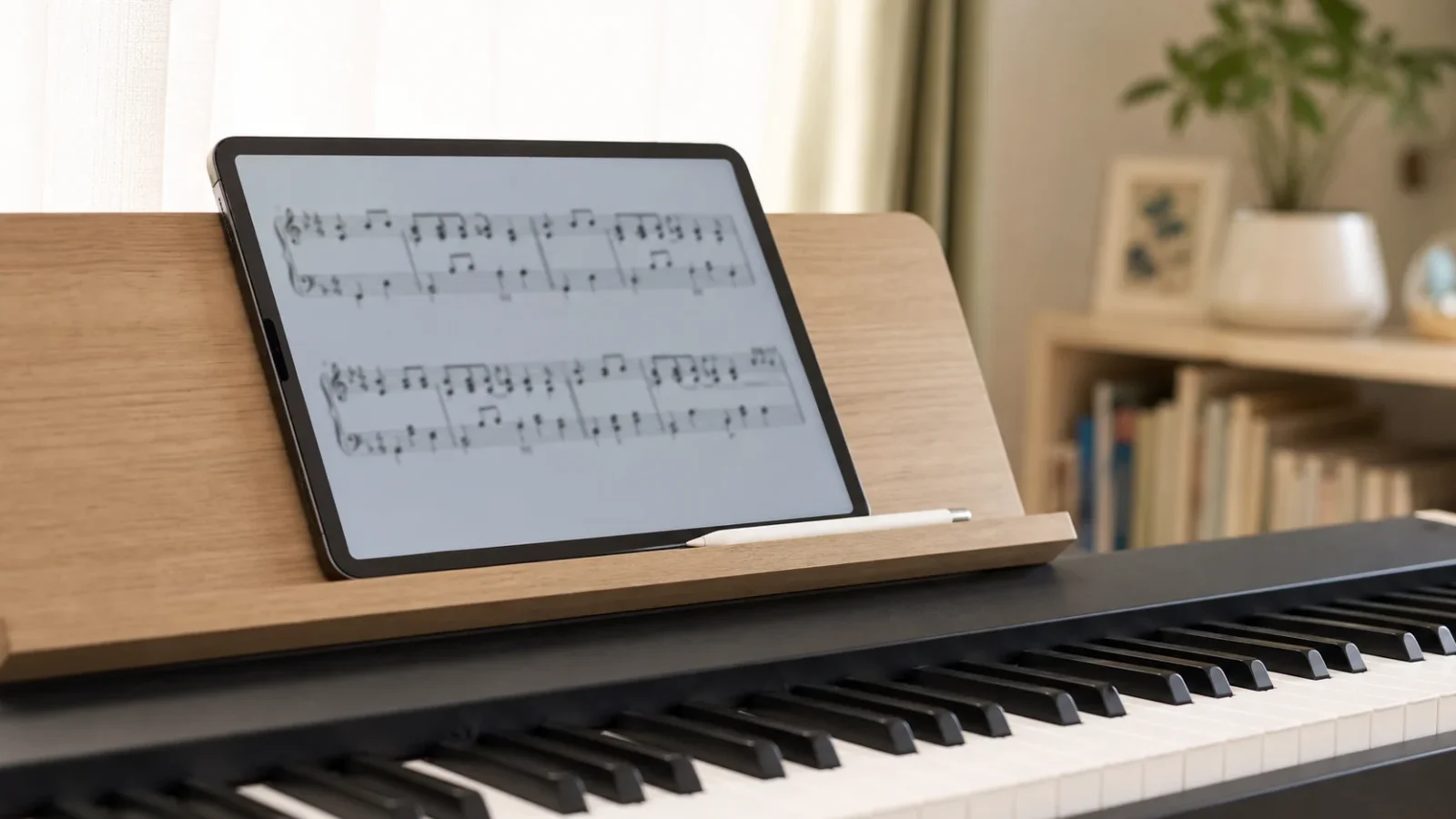 タブレットに表示した電子楽譜と、その奥の電子キーボード。譜面まわりの静かな練習環境。人物・判読可能な文字なし。