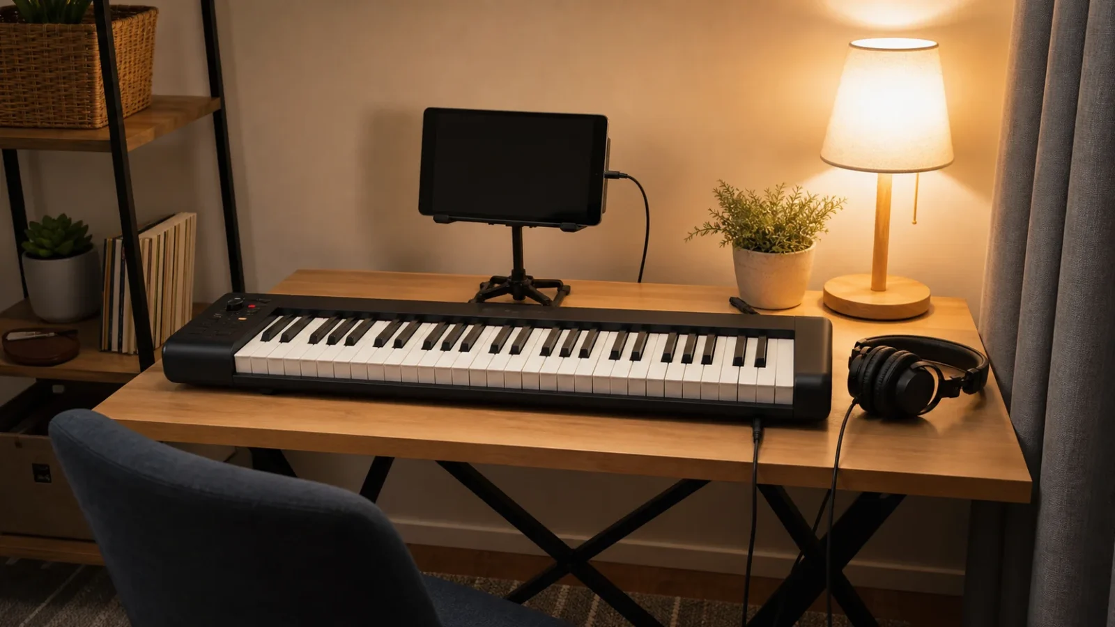 61鍵の電子キーボードとタブレット、ヘッドホンが揃った自宅練習セット。人物・文字・ロゴなし。