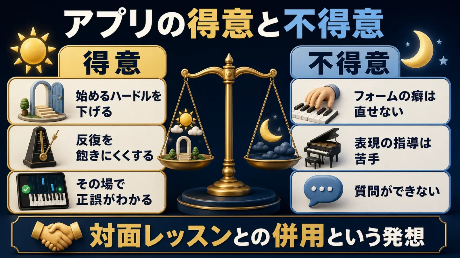アプリが得意なこと(反復・手軽さ)と不得意なこと(フォーム・表現の指導)を対比したマップ図。