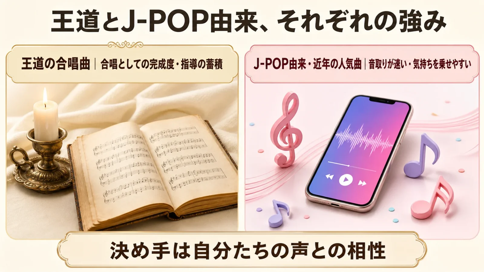 王道の合唱曲とJ-POP由来・近年の人気曲、それぞれの強みを対比した選び分けマップ図。