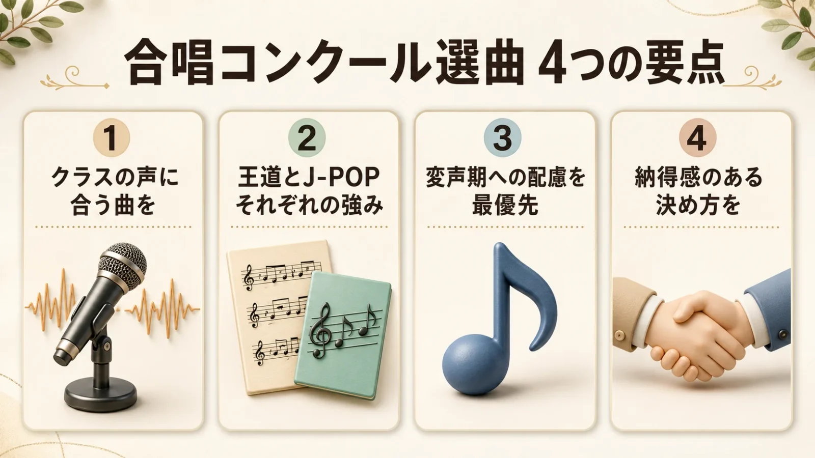 記事の要点4つを並べたまとめカード図。