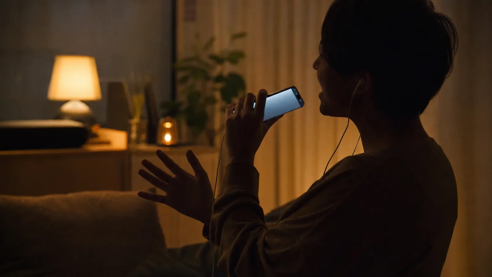 カラオケアプリおすすめ - 夜の部屋でイヤホンをしてスマホに向かって歌う人の手元と横顔のシルエット。画面の光。顔の判別不可・文字・ロゴなし。