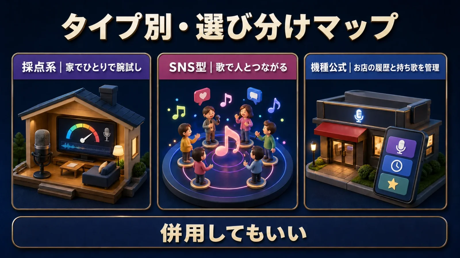 採点系・SNS型・機種公式アプリの3タイプ別の選び分けマップ図。
