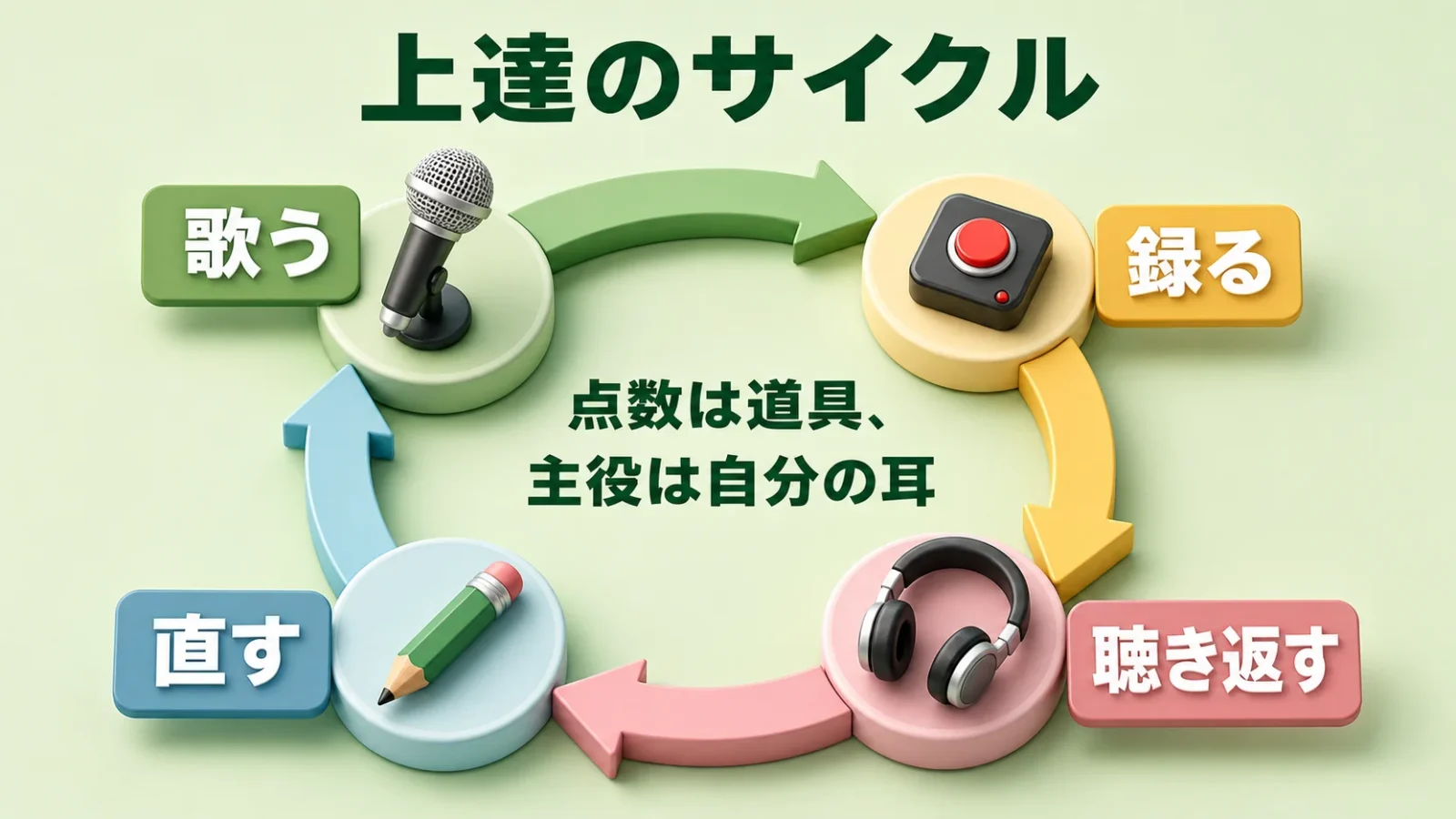 歌う→録る→聴く→直すの上達サイクルを示した循環図。