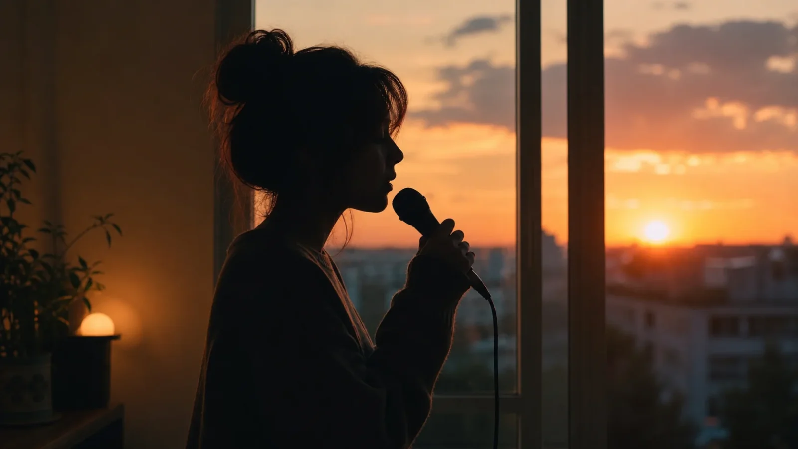 ビブラートの出し方 - 夕方の柔らかい光の部屋でマイクを持って歌う人の横顔のシルエット。声の余韻を感じる静かな空気。顔の判別不可・文字・ロゴなし。