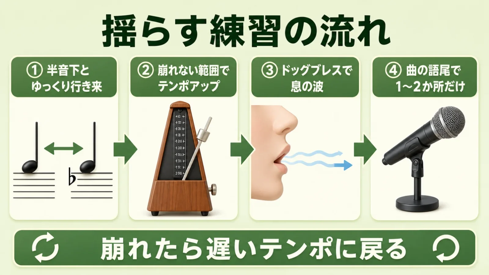 音程をゆっくり行き来する→テンポを上げる→ドッグブレス→曲の語尾で試す、という練習の流れ図。
