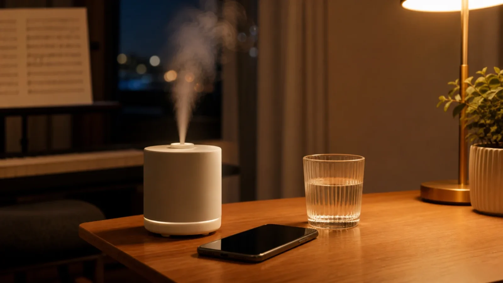 デスクに置かれた小さな卓上加湿器から立ちのぼるミストと、スマートフォン、水のグラス。夜の落ち着いた照明。人物・文字・ロゴなし。