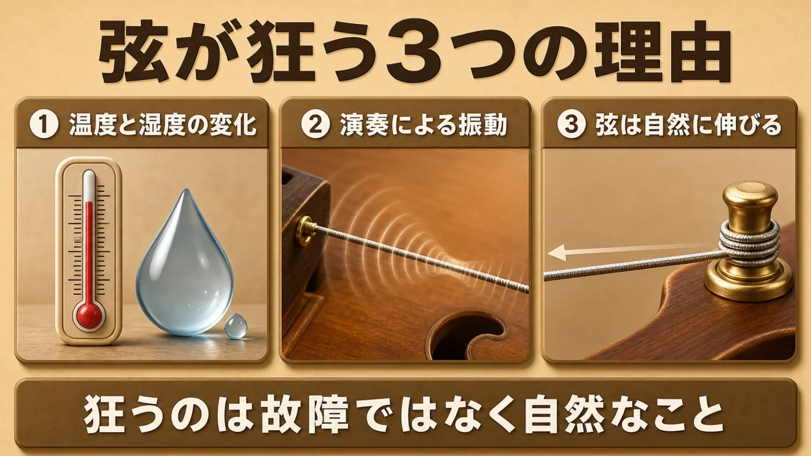 弦が狂う3つの理由（温度湿度・演奏の振動・弦が伸びる）を整理したパネル図。