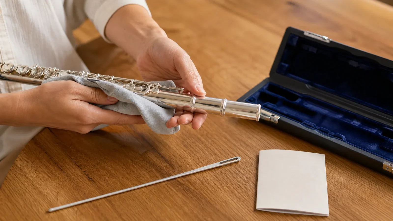 楽器の手入れをしている手元のクローズアップ。クロスでフルートを拭いている場面。付属品（ケース、掃除棒、保証書）が横にそろえて並べてある。