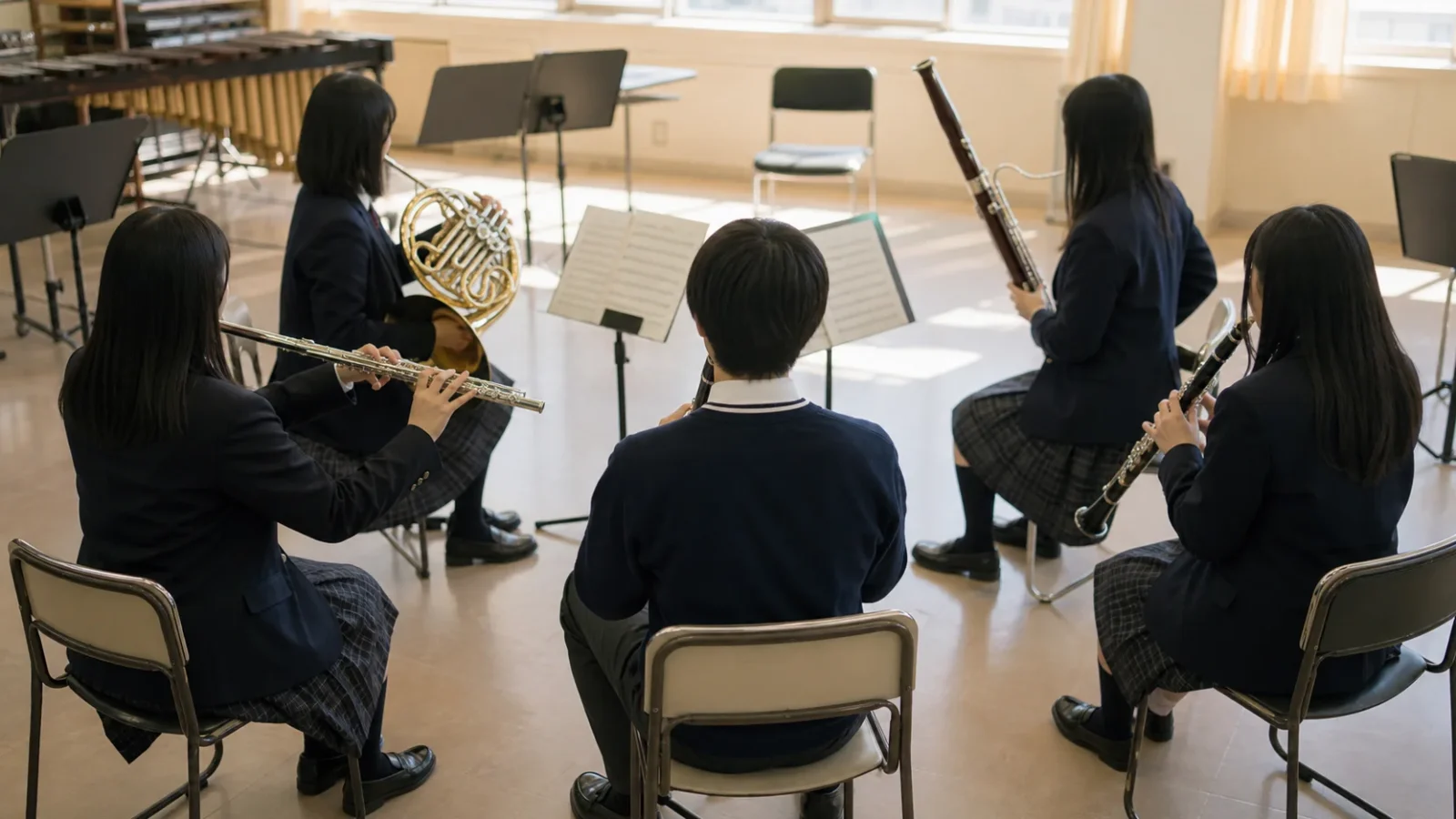 アンサンブルコンテストの人数・演奏時間・編成 - 5人程度の少人数編成が、椅子を内向きの半円に並べて合わせ練習をしている場面。指揮者はいない。顔が写らないよう、後方やや上から撮った構図にする。