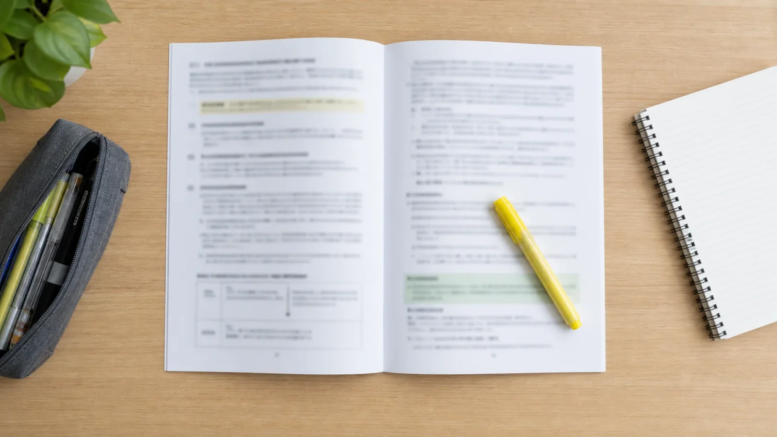 机の上に広げられた実施規定のプリントと、その上に置かれた蛍光ペン。文字は判読できない程度にぼかす。「条文を読む」という行為そのものを示す。