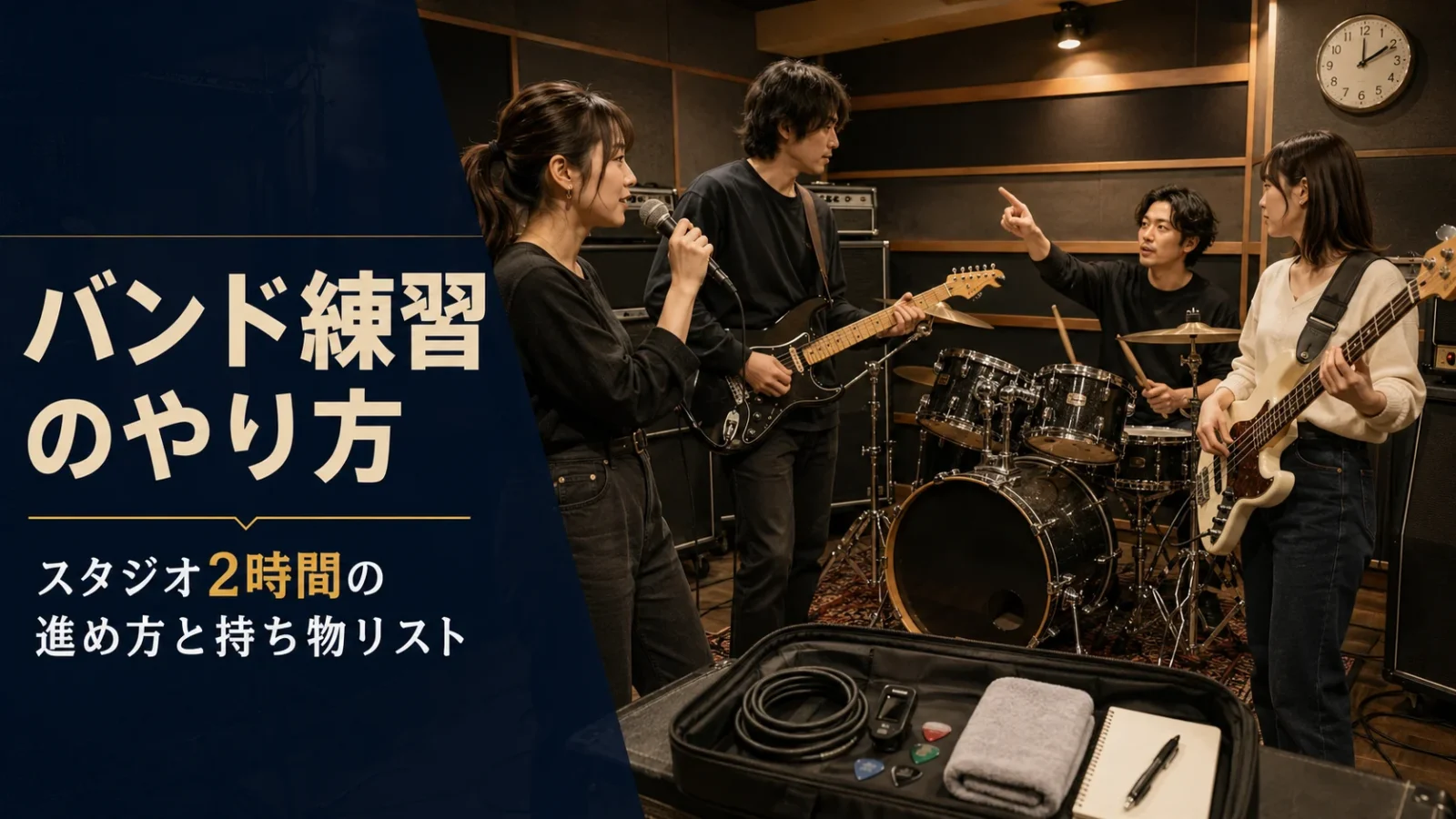 「バンド練習のやり方 スタジオ2時間の進め方と持ち物リスト」と書かれたアイキャッチ画像。防音スタジオでボーカル・ギター・ドラム・ベースの4人が練習の進め方を相談している
