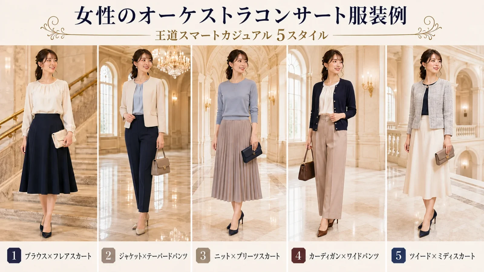 女性のクラシックコンサート服装｜王道スマートカジュアル5スタイル（ブラウス×フレアスカート、ジャケット×テーパードパンツ）