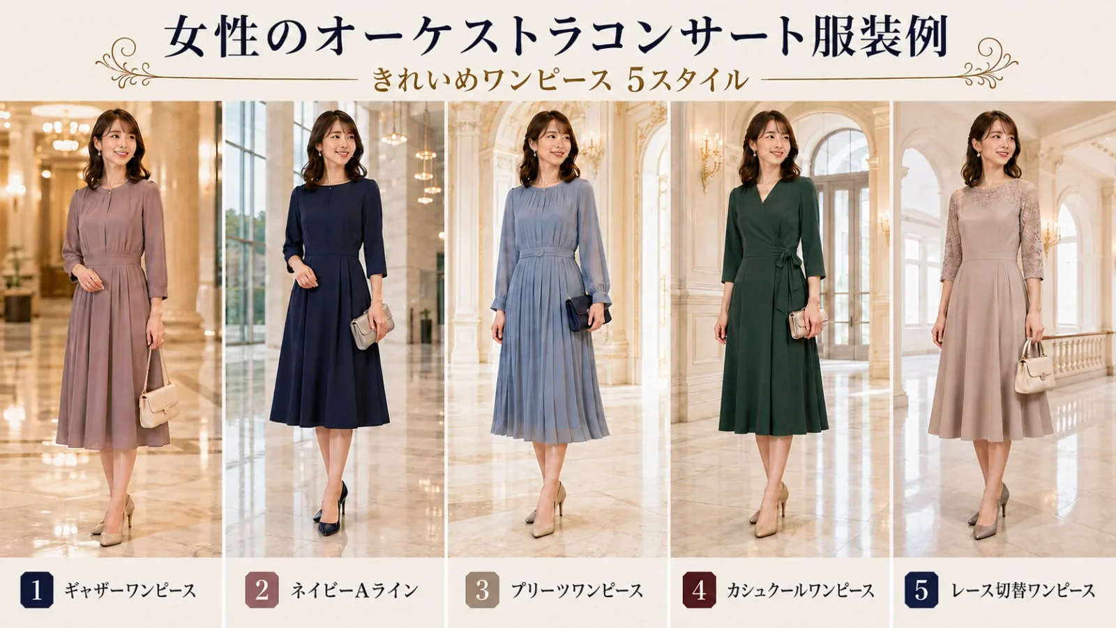 女性のオーケストラコンサート服装｜きれいめワンピース5スタイル（ギャザー、ネイビーAライン、プリーツ）