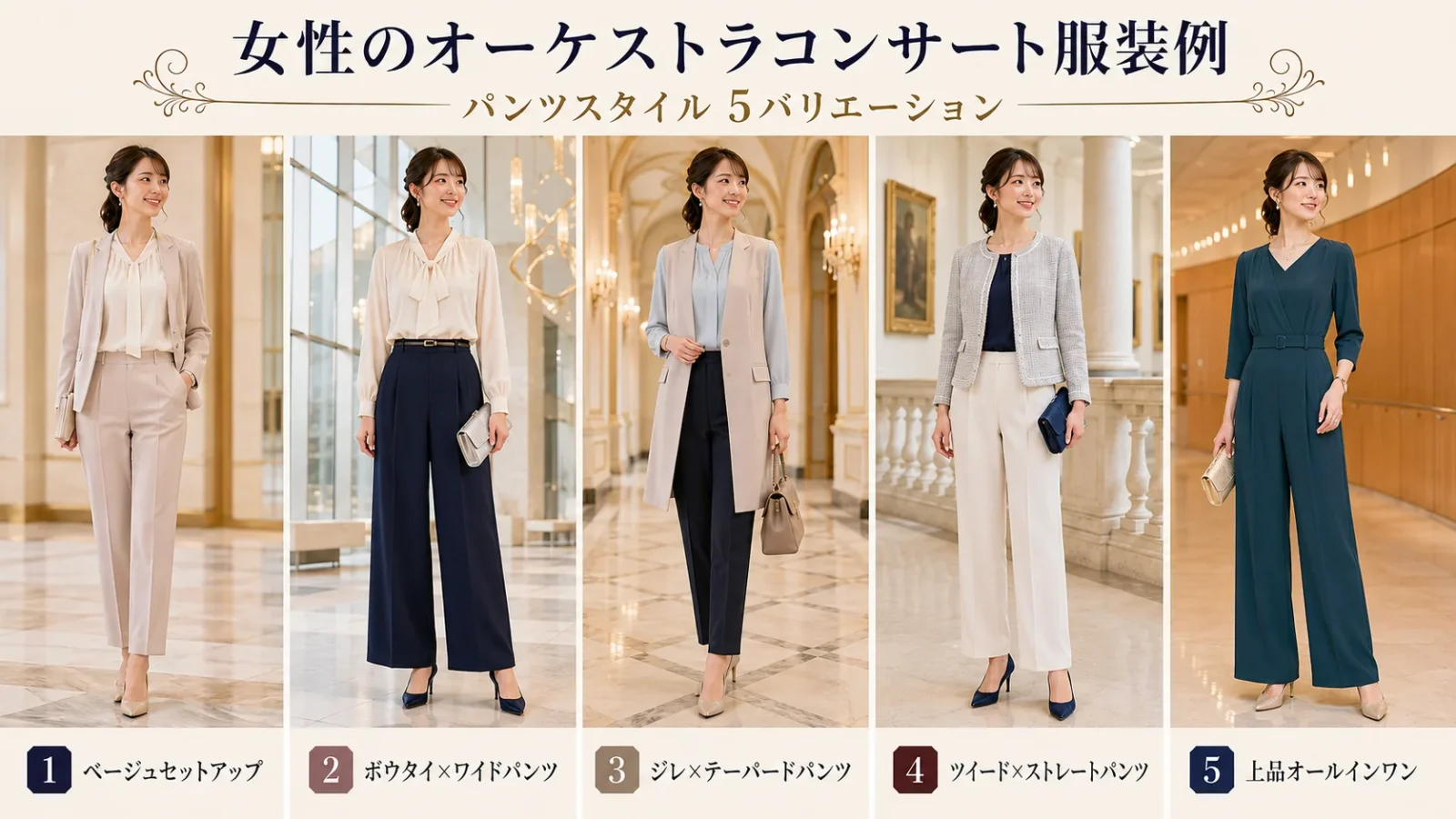 女性のクラシックコンサート服装｜パンツスタイル5バリエーション（セットアップ、ワイドパンツ、ジレ）