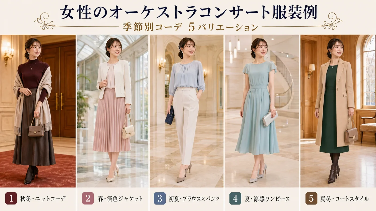 女性のクラシックコンサート服装｜季節別コーデ5例（春・初夏・夏・秋冬・真冬のコート）