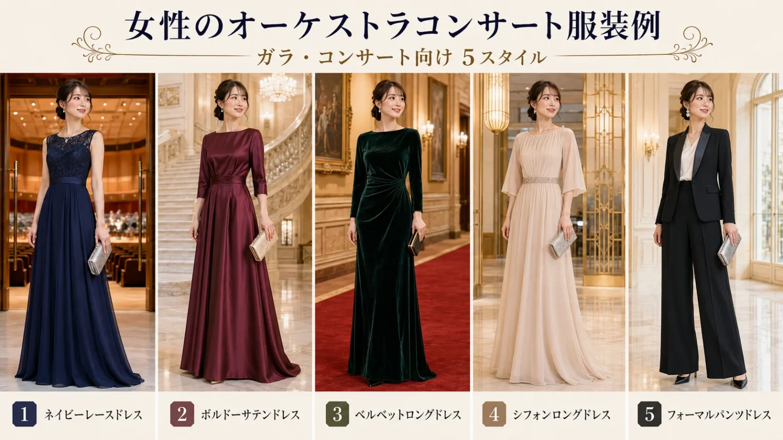 女性のガラコンサート服装｜フォーマルドレス5スタイル（ロングドレス、ベルベット、パンツドレス）
