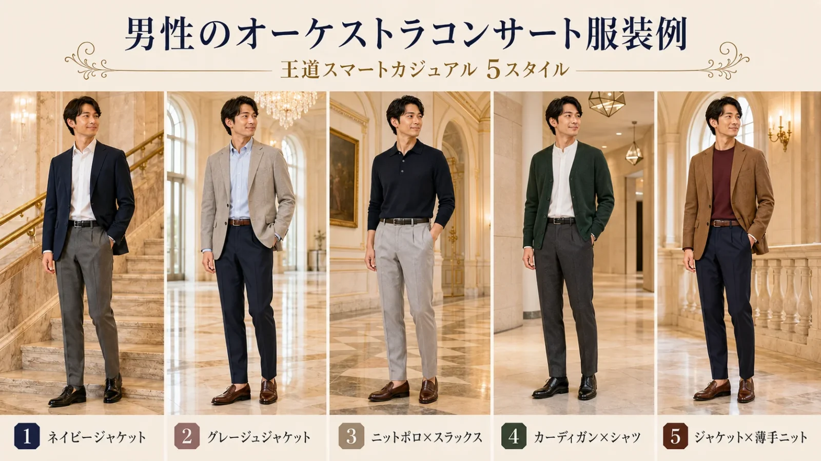 男性のクラシックコンサート服装｜王道スマートカジュアル5スタイル（ネイビージャケット、ニットポロ）