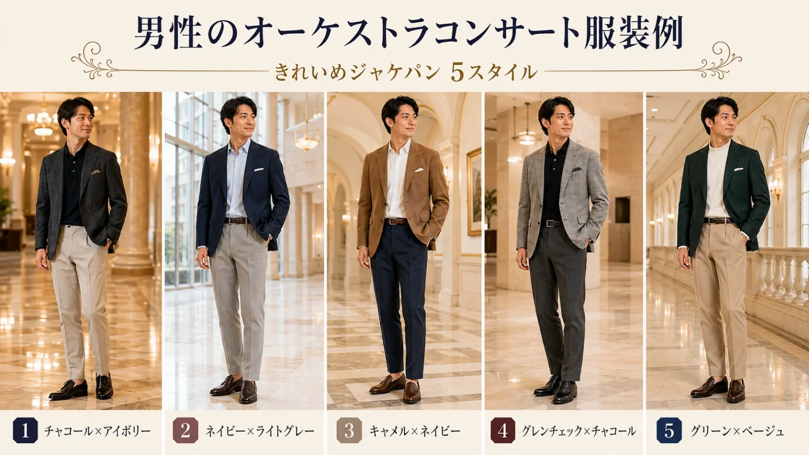男性のオーケストラコンサート服装｜きれいめジャケパン5スタイル（チャコール×アイボリー、キャメル×ネイビー）
