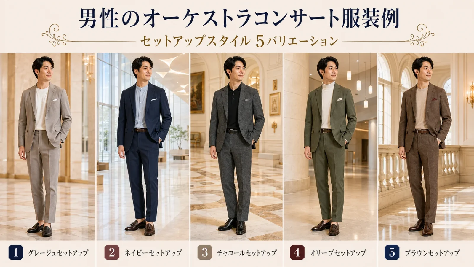 男性のクラシックコンサート服装｜セットアップ5バリエーション（グレージュ、ネイビー、チャコール）