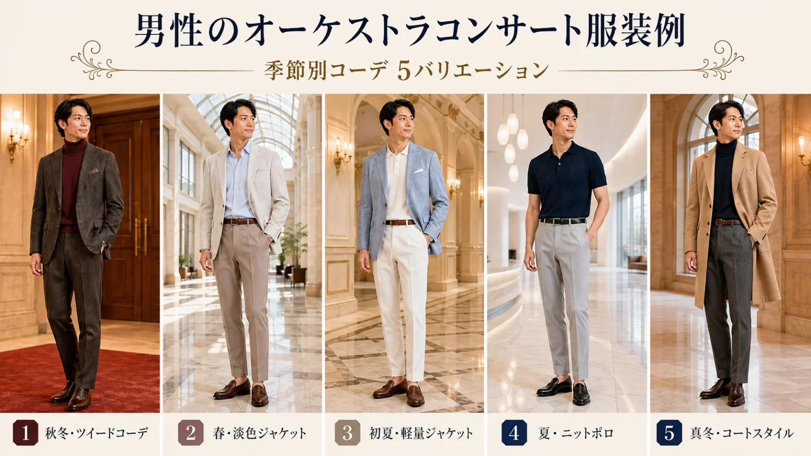 男性のクラシックコンサート服装｜季節別コーデ5例（春・初夏・夏・秋冬・真冬）