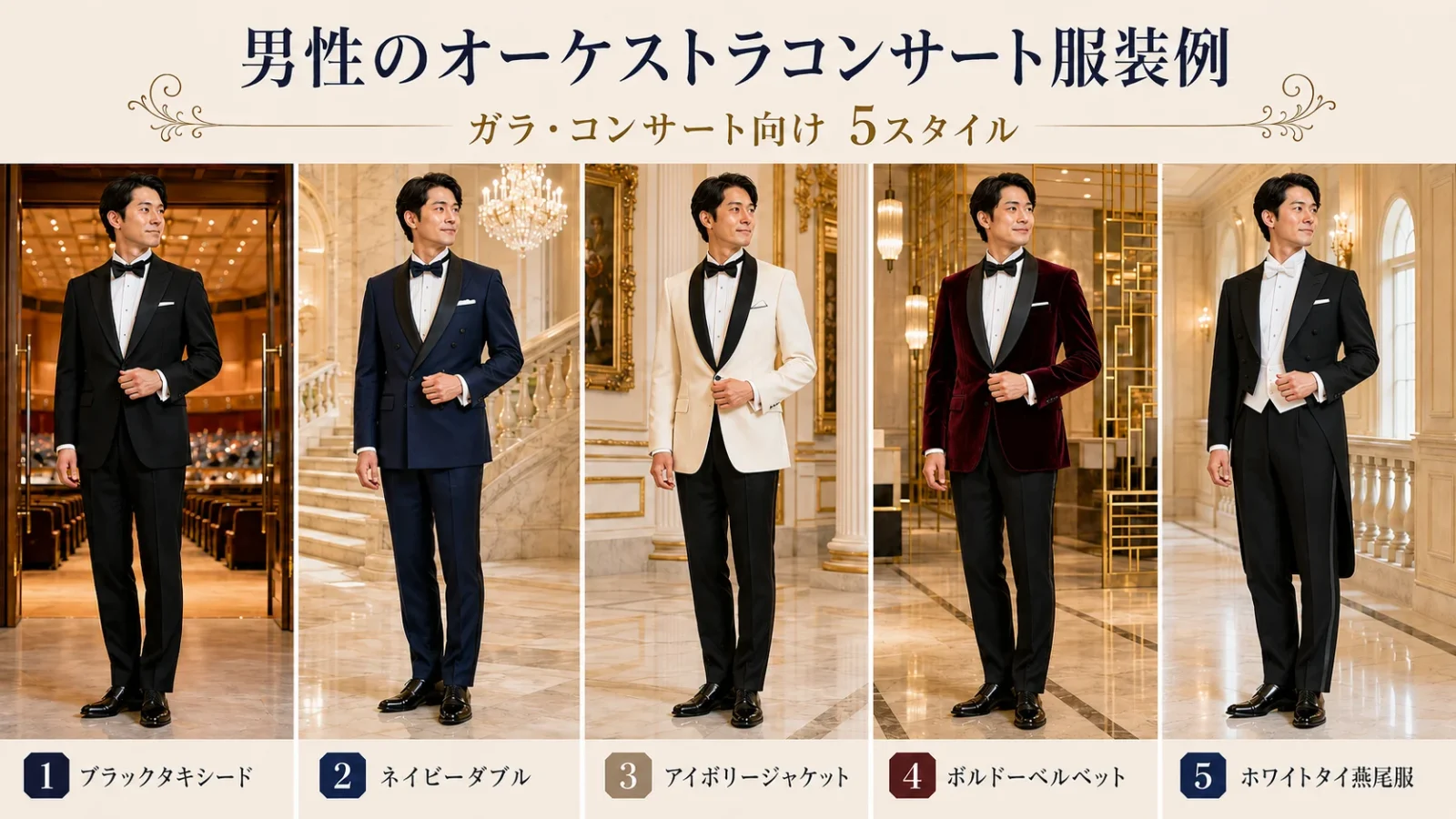 男性のガラコンサート服装｜タキシード・燕尾服など5スタイル（ブラックタキシード、ホワイトタイ）