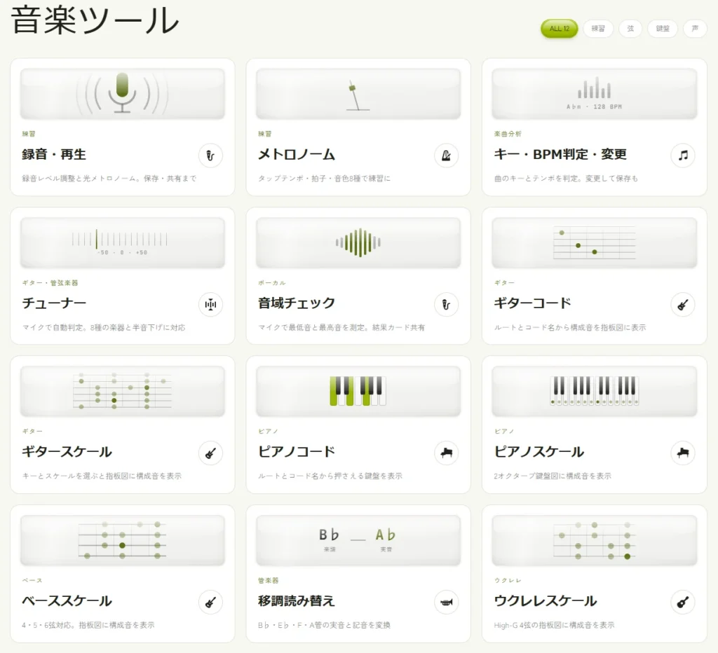 EMMUの音楽ツール一覧。録音・再生、メトロノーム、キー・BPM判定、チューナー、音域チェック、ギターコード、ギタースケール、ピアノコード、ピアノスケール、ベーススケール、移調読み替え、ウクレレスケールの12種がカードで並ぶ画面