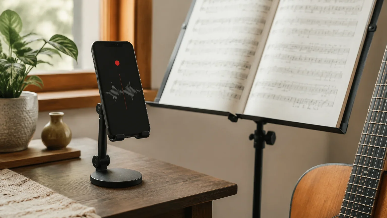 譜面台の横にスマートフォンを立てて、練習中の演奏を録音している机まわり。ギターのネックの一部と譜面が写り込む。人物の顔は写さない。