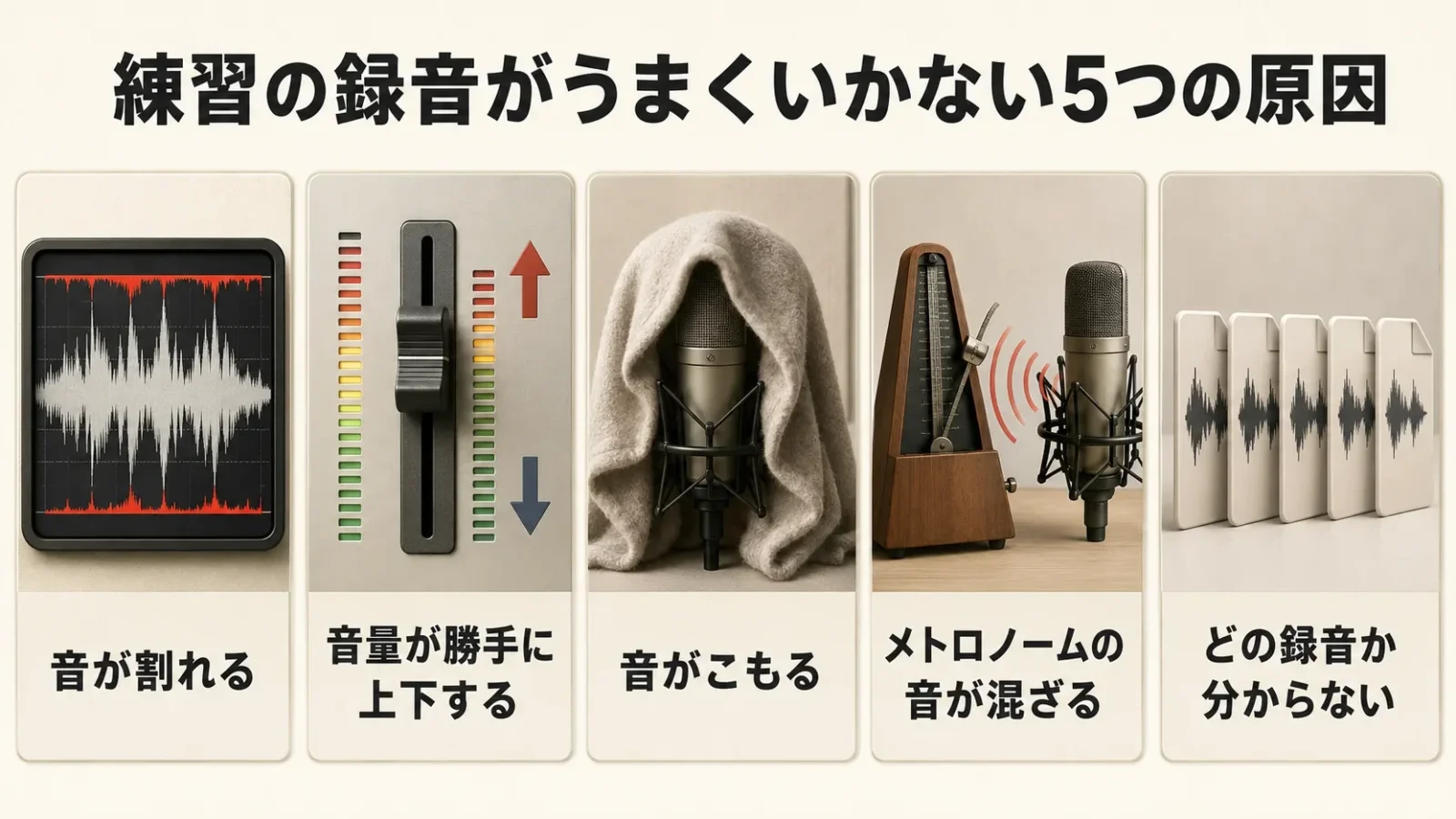練習の録音でつまずく5つの原因を、5つのパネルに分けて示した図解。左から順に、音が割れる／音量が勝手に上下する／音がこもる／メトロノームの音が混ざる／どの録音か分からなくなる、を並べる。図の中に日本語のタイトルとラベルを描き込む。
