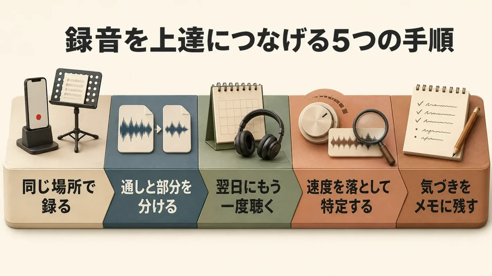 録音を練習に生かす流れを、左から右へ5段階で示した図解。録る→通しと部分を分ける→翌日に聴く→速度を落として原因を特定→メモを残す、の順に進む。図の中に日本語のタイトルとラベルを描き込む。