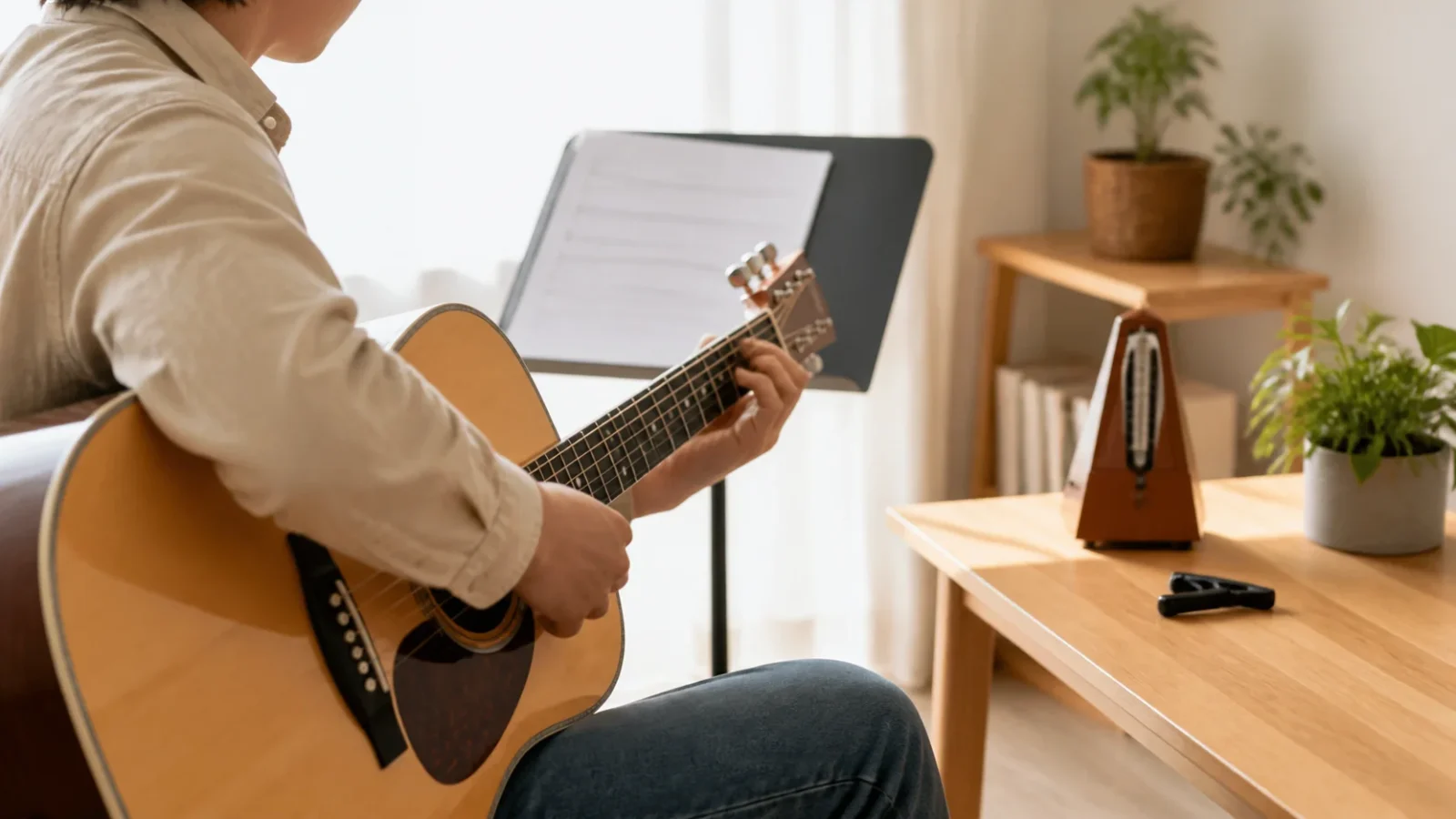 ギター初心者曲 - 明るい自宅の練習スペースで、アコースティックギターのコードを練習している初心者の手元。譜面台とカポ、メトロノームを背景に置き、顔は写さない横長構図。