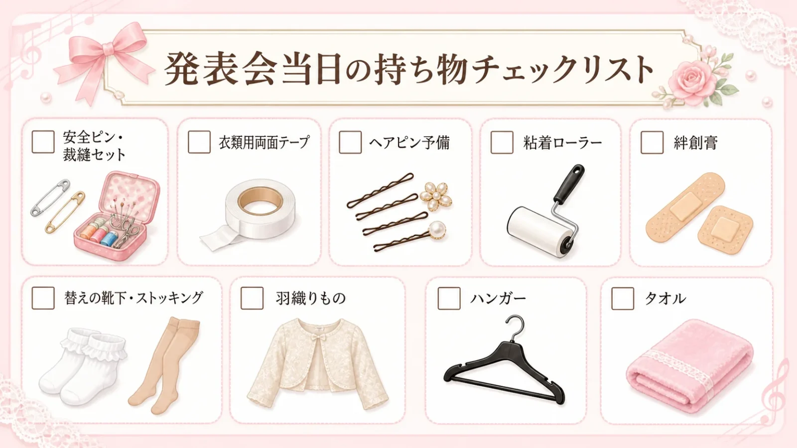 発表会当日に持参すべき衣装関連アイテムをチェックボックス付きで一覧化したチェックリスト画像