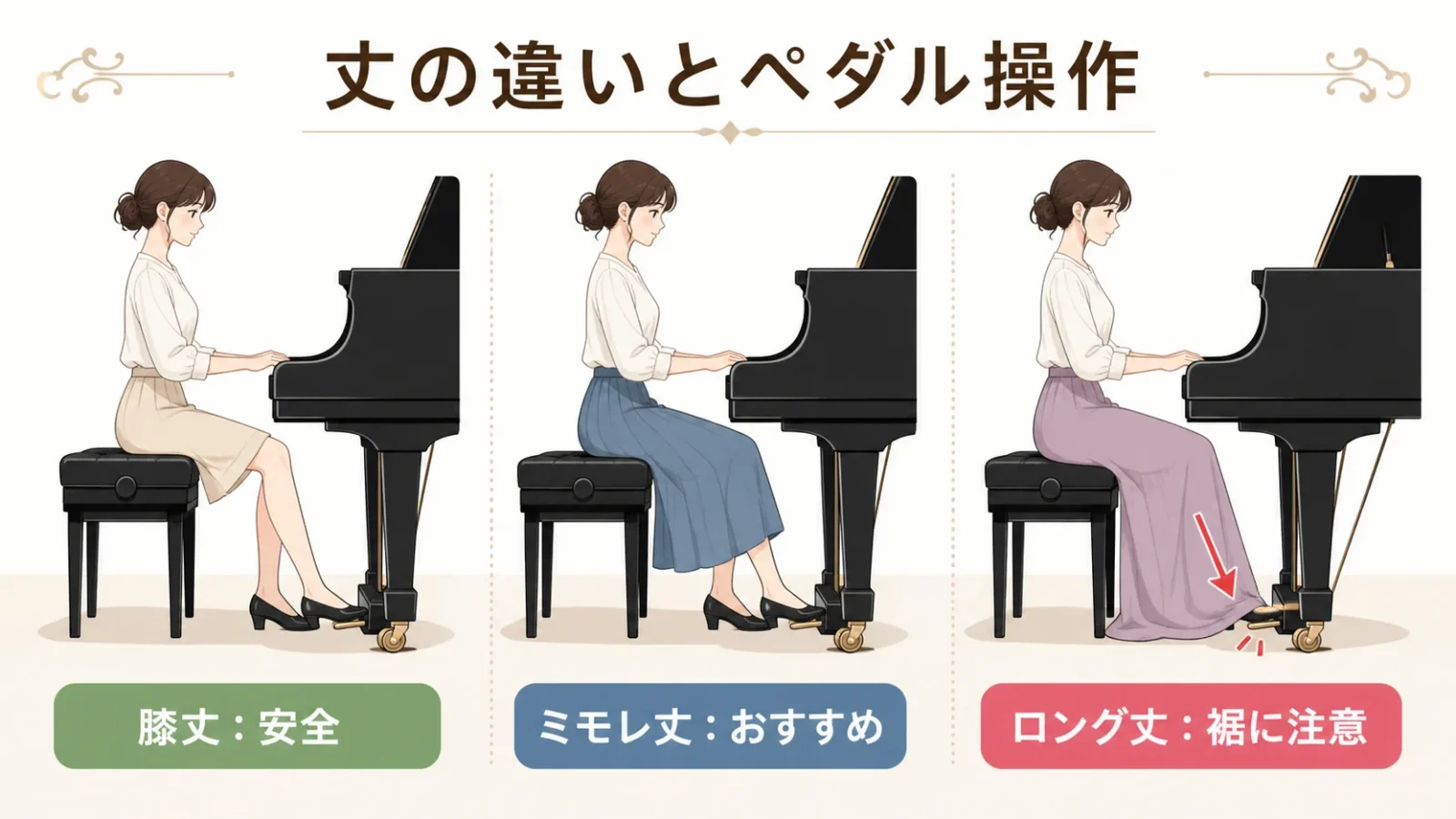 ドレスの丈とペダル操作の関係を示す断面図的イラスト。椅子に座った人物のシルエットで、膝丈・ミモレ丈・ロング丈の3パターンと足元の裾のたまり方を比較