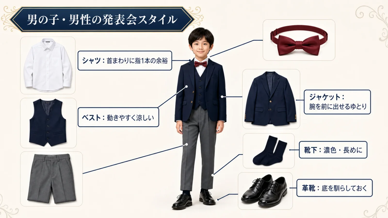 男性・男の子のフォーマル衣装の構成要素を分解して示す図解。シャツ、ベスト、ジャケット、スラックス、蝶ネクタイ、靴下、革靴をパーツごとに配置し注意点を注記