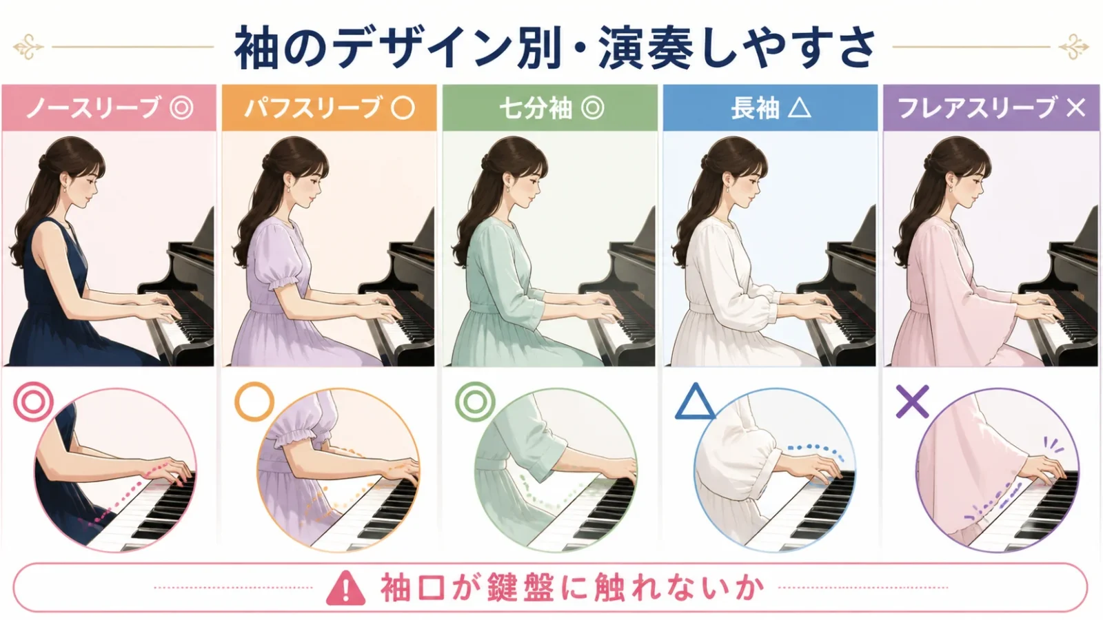 袖のデザイン5種（ノースリーブ・パフスリーブ・七分袖・長袖・フレアスリーブ）を横並びで比較し、演奏しやすさを○△×で評価した図解