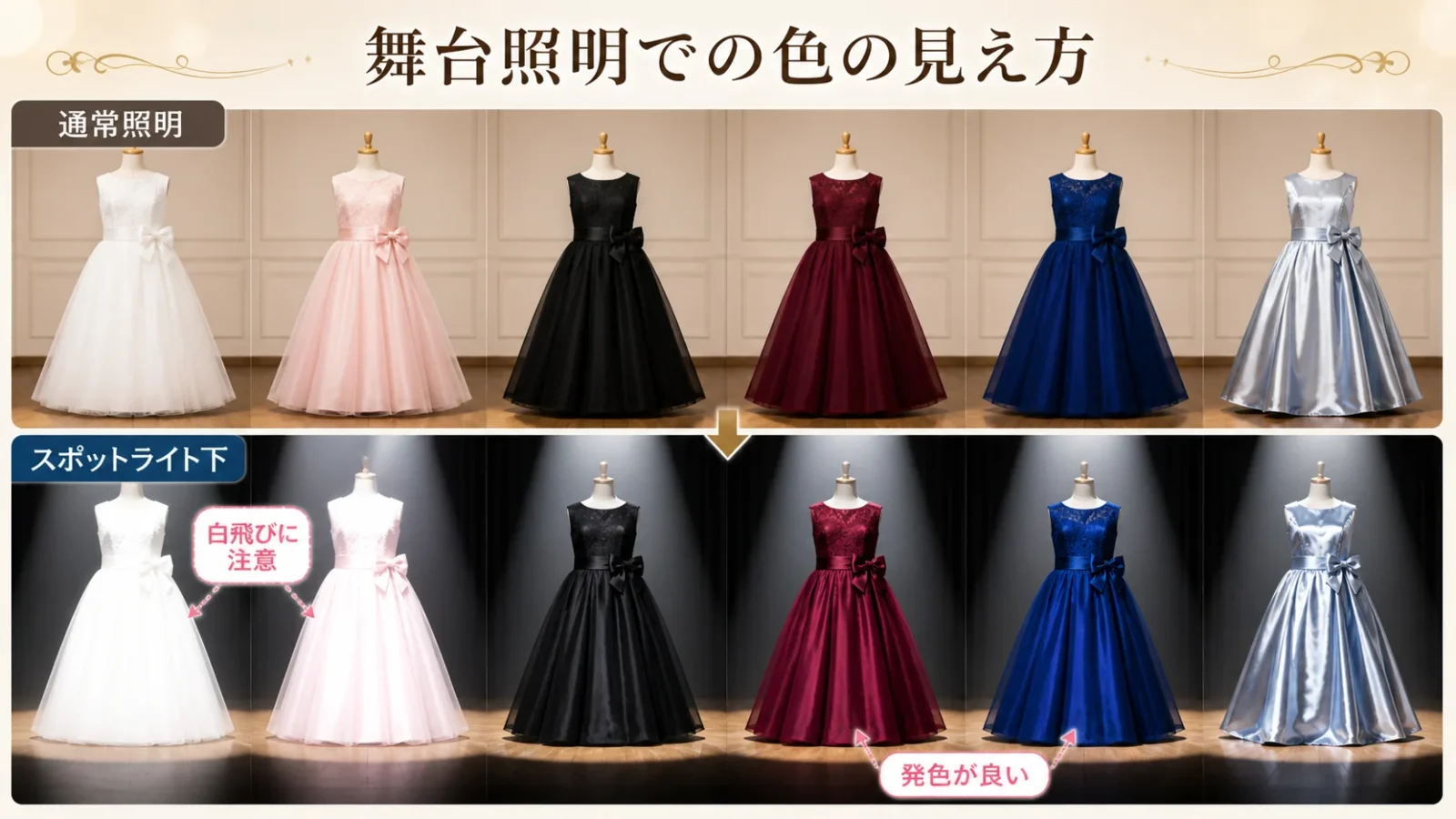 舞台照明の下での色の見え方を比較した図解。同じドレスシルエットに白・淡ピンク・黒・ボルドー・ロイヤルブルー・光沢サテンを当てはめ、スポットライト下での見え方を示す