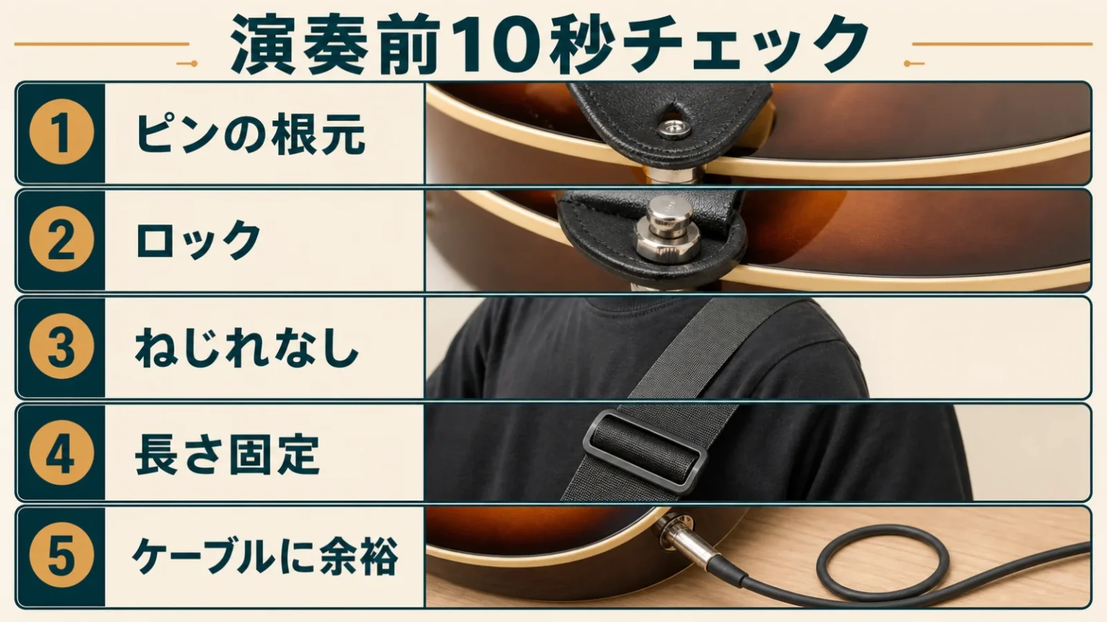 ストラップピン、ロック、帯のねじれ、アジャスター、ヘッド側ひも、ケーブルを順番に確認するチェックリスト図