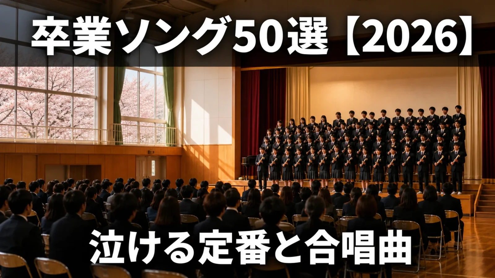 卒業ソング50選【】泣ける定番と合唱曲 - 卒業式の体育館で、卒業生の合唱と桜の季節を一つの画面に収めた記事の代表画像