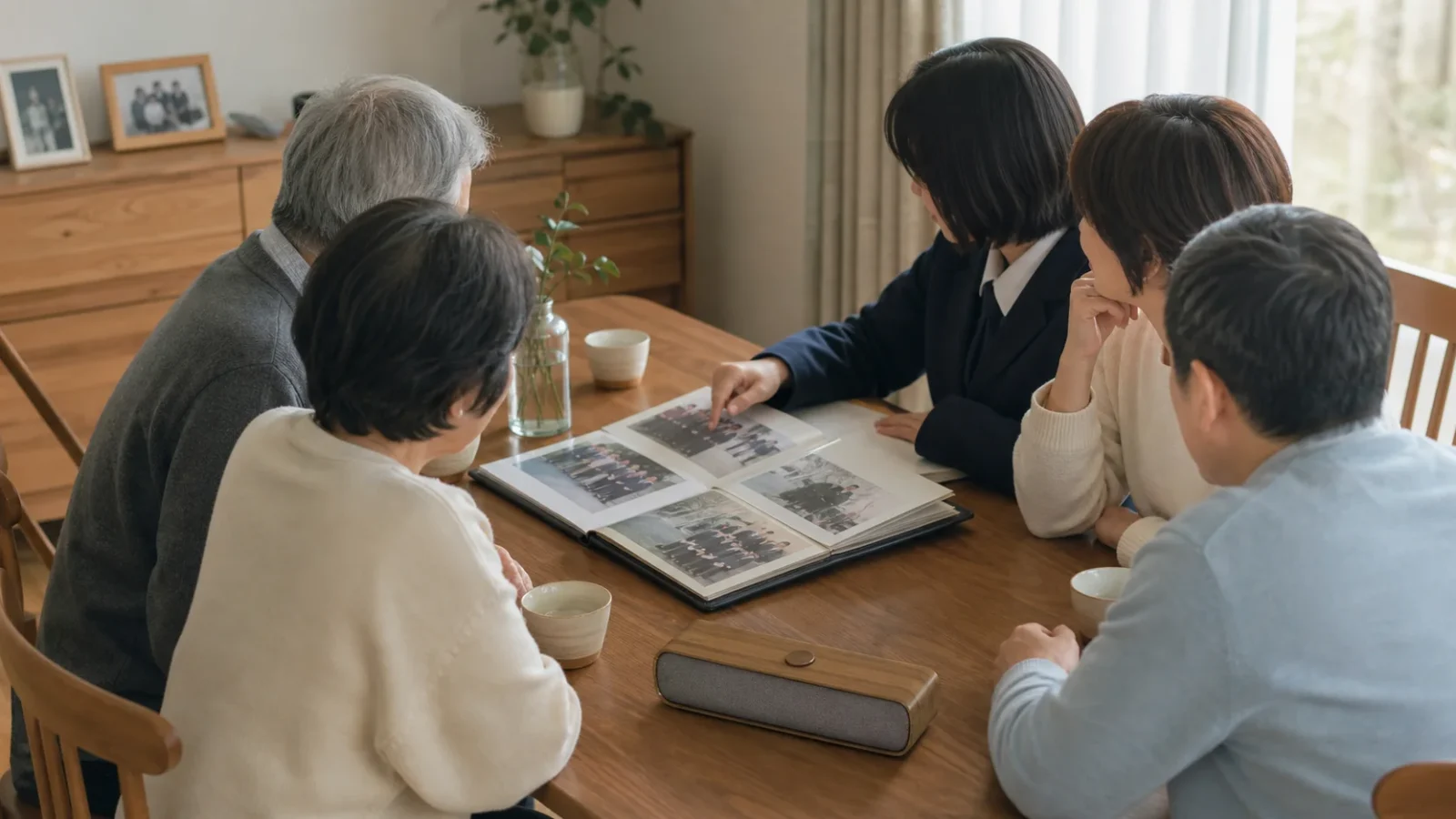 親子三世代が自宅で古い卒業アルバムを囲み、卒業ソングを聴きながら思い出を語る場面