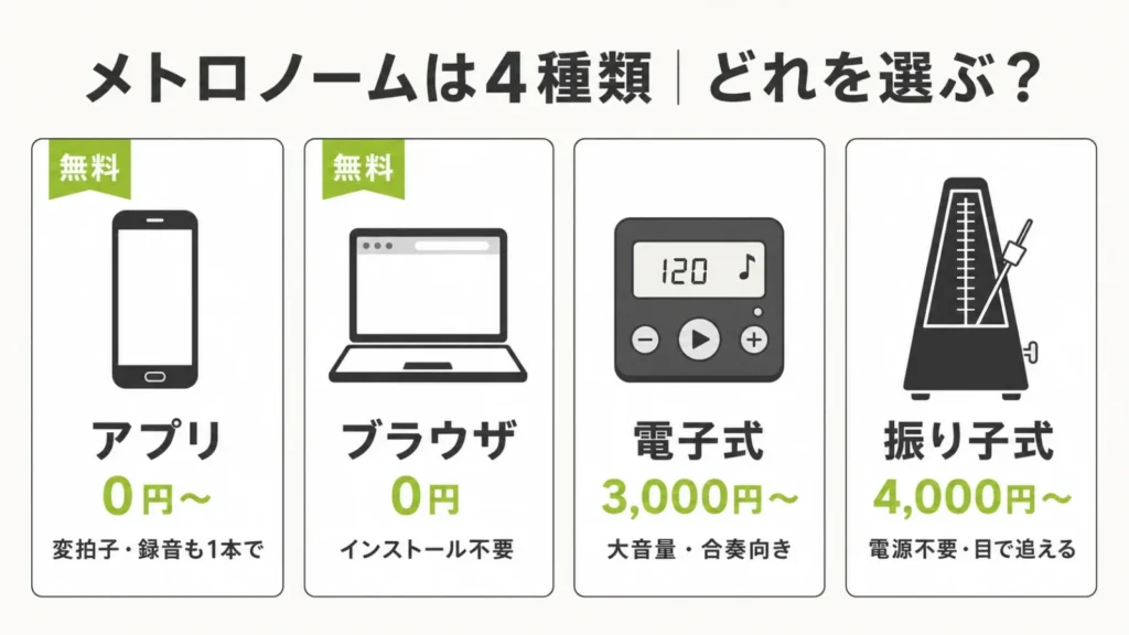 メトロノーム4種類の比較図。アプリは0円から変拍子・録音も1本で、ブラウザは0円でインストール不要、電子式は3,000円から大音量で合奏向き、振り子式は4,000円から電源不要で目で追える