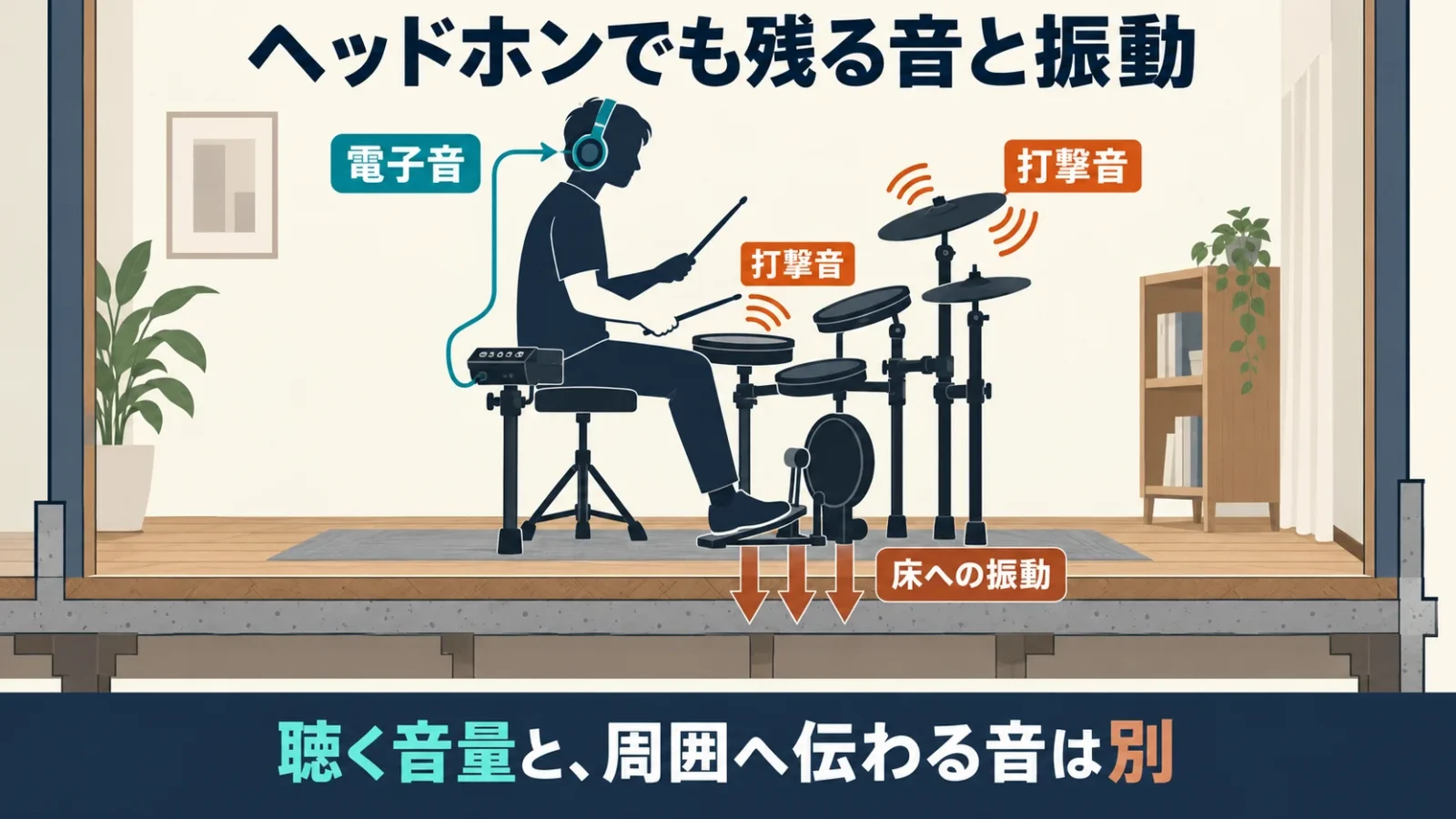 電子音・打撃音・床への振動の違いを示す図