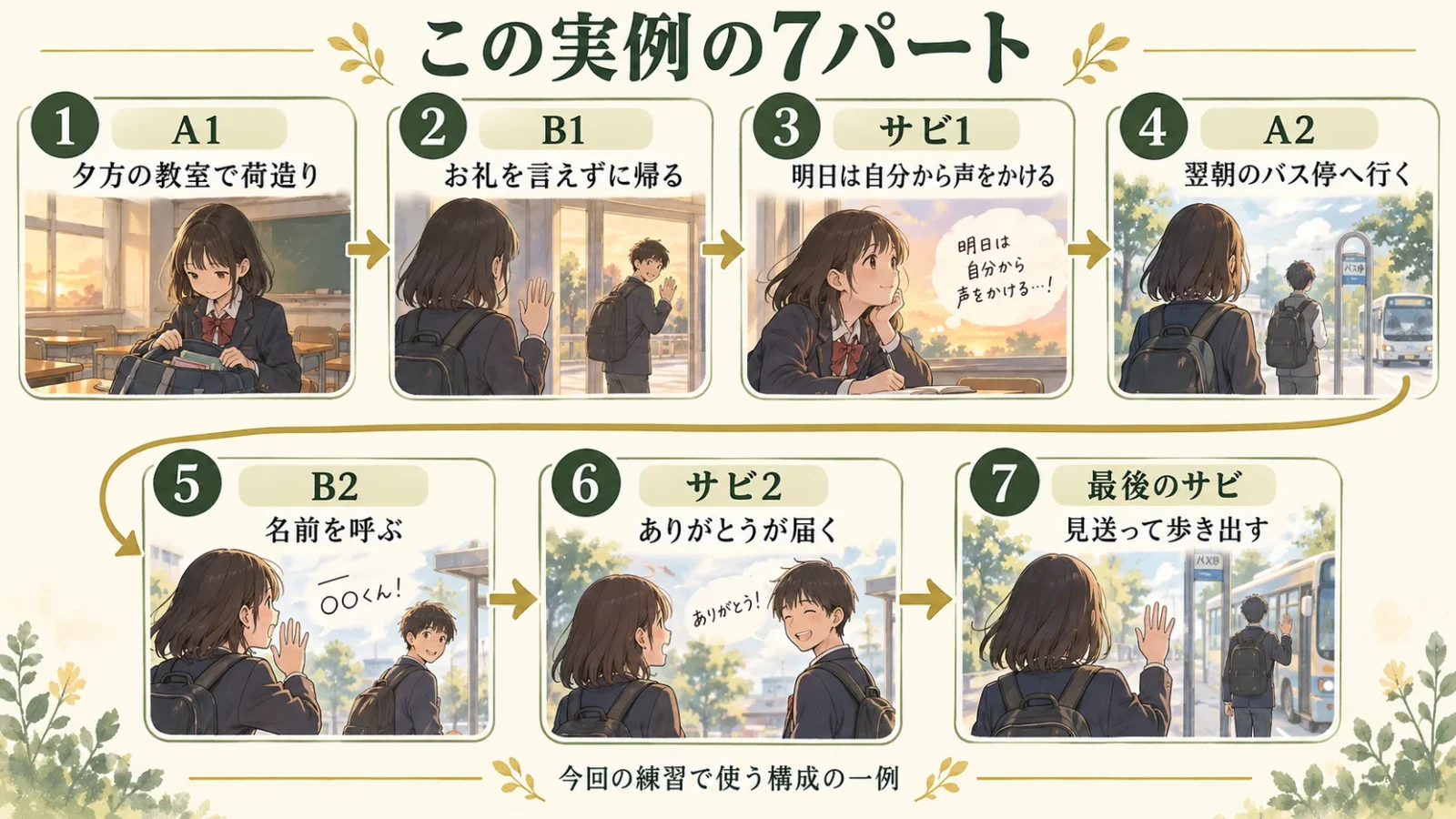 新作例のA1から最後のサビまで、時間と行動が進む7パートの図