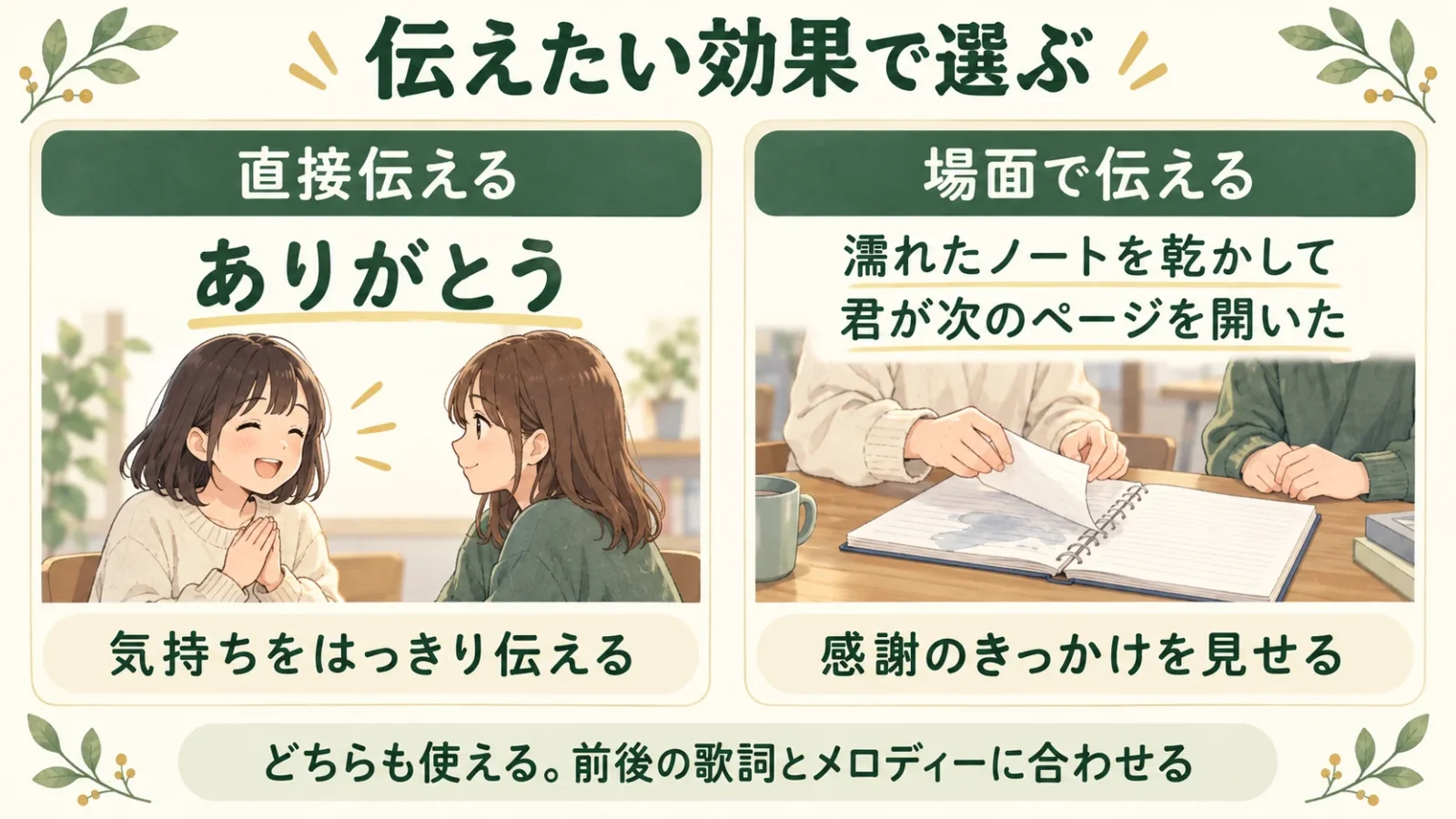 ありがとうと直接伝える例と、感謝の場面を描く例を同格に比べた図
