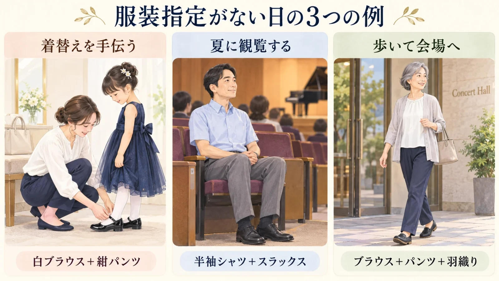 服装指定がない日の3例：着替えを手伝うブラウスとパンツ、夏に観覧する半袖シャツ、歩いて来場する羽織りの組み合わせ