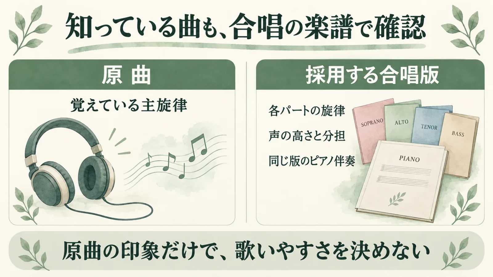原曲の主旋律と採用する合唱版の声部・音域・伴奏を区別する図