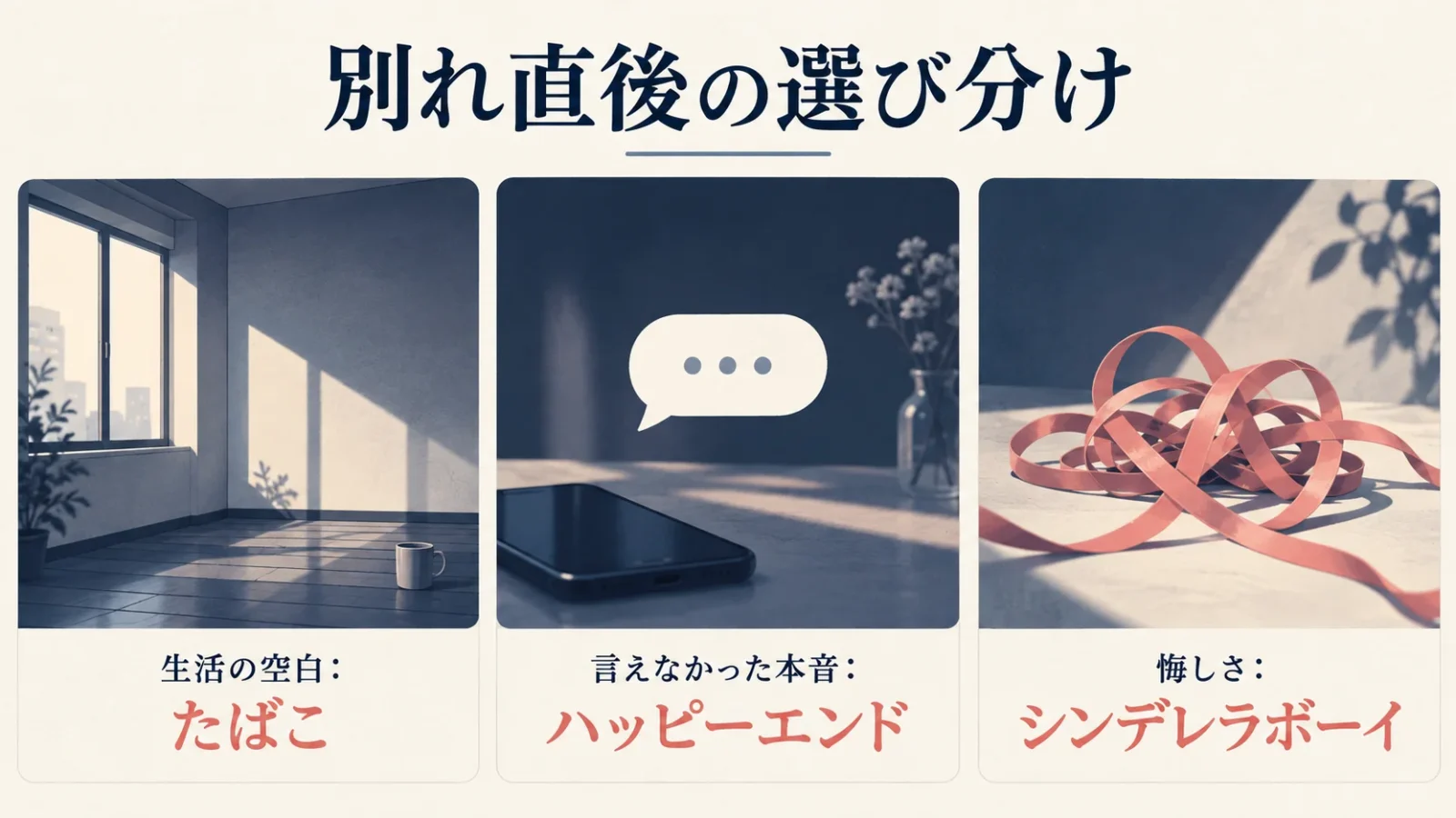 別れ直後の選び分け。図中の文字：生活の空白：たばこ／言えなかった本音：ハッピーエンド／悔しさ：シンデレラボーイ