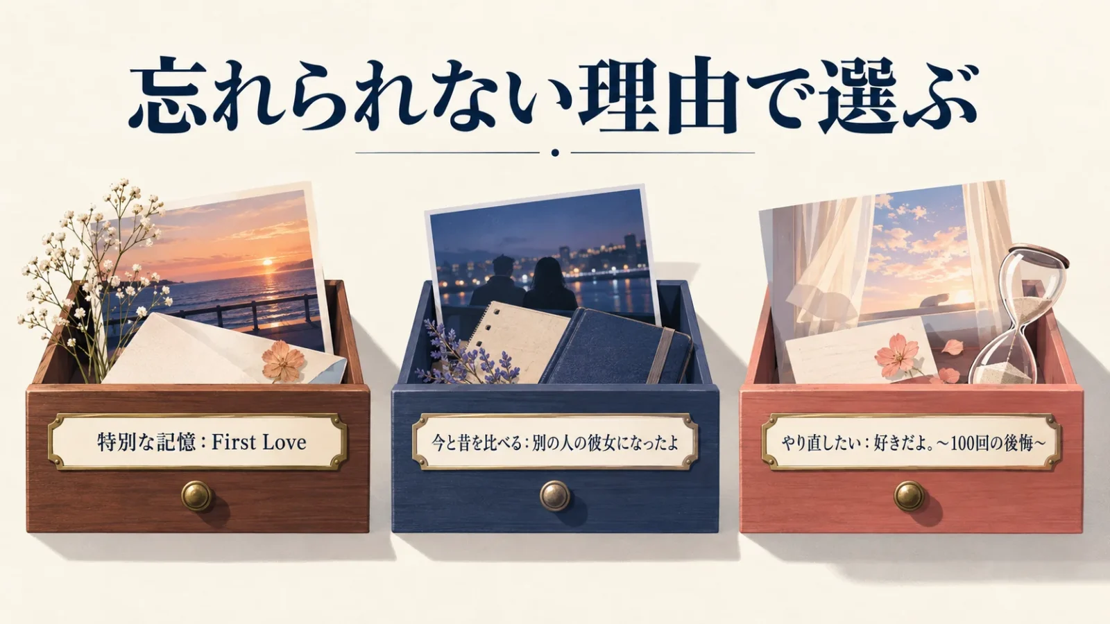 忘れられない理由で選ぶ。図中の文字：特別な記憶：First Love／今と昔を比べる：別の人の彼女になったよ／やり直したい：好きだよ。～100回の後悔～
